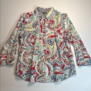 Chaps Red and White Button Down Shirt with Mandarin Collar and 3/4 Sleeves